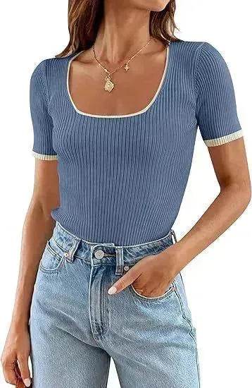 Square Collar Basic Short Sleeve Casual All-matching T-shirt Tops