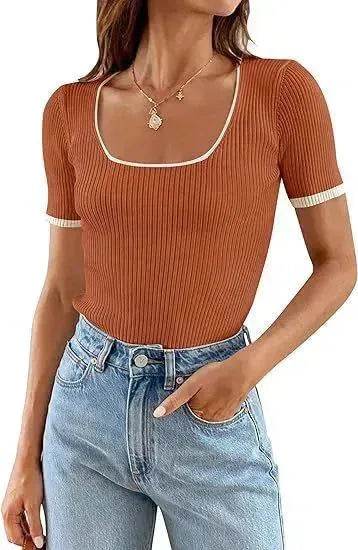 Square Collar Basic Short Sleeve Casual All-matching T-shirt Tops