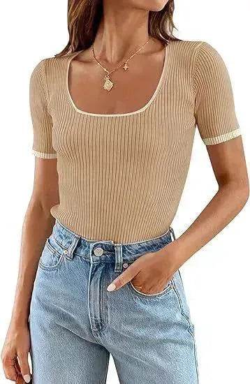 Square Collar Basic Short Sleeve Casual All-matching T-shirt Tops