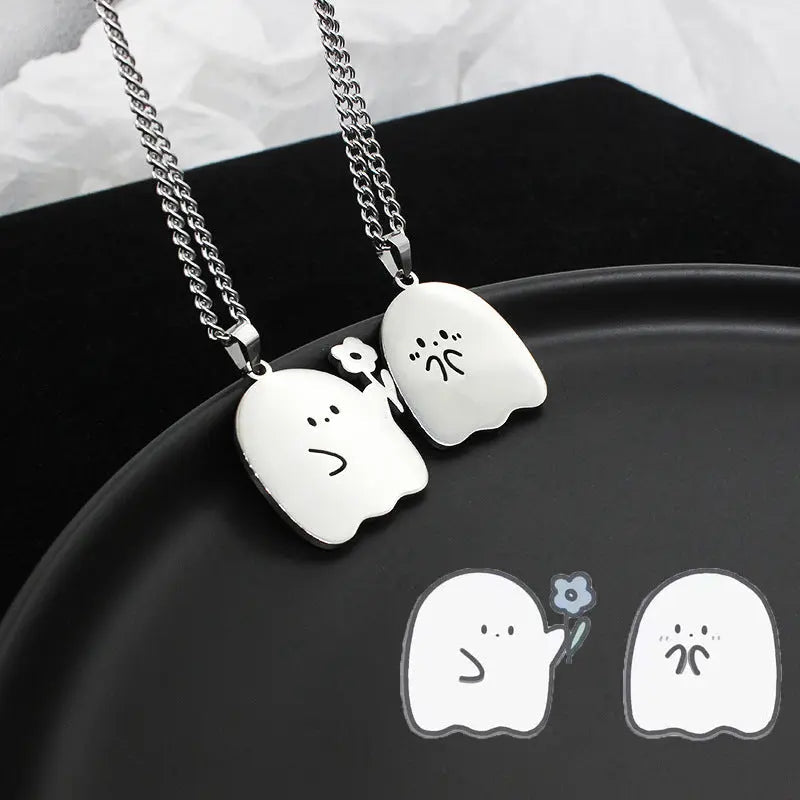 Collier de couple fantôme mignon en acier inoxydable Pendentif chat animal Kawaii Cadeaux de bijoux d'amitié pour amoureux