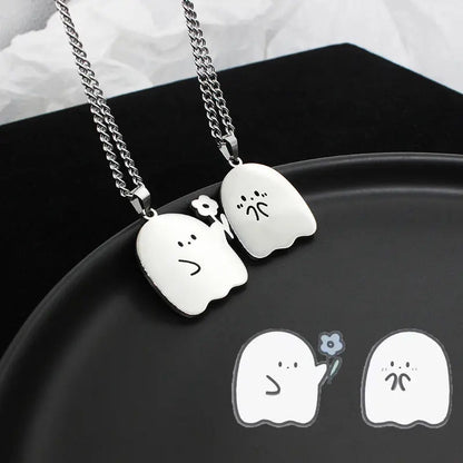 Collier de couple fantôme mignon en acier inoxydable Pendentif chat animal Kawaii Cadeaux de bijoux d'amitié pour amoureux