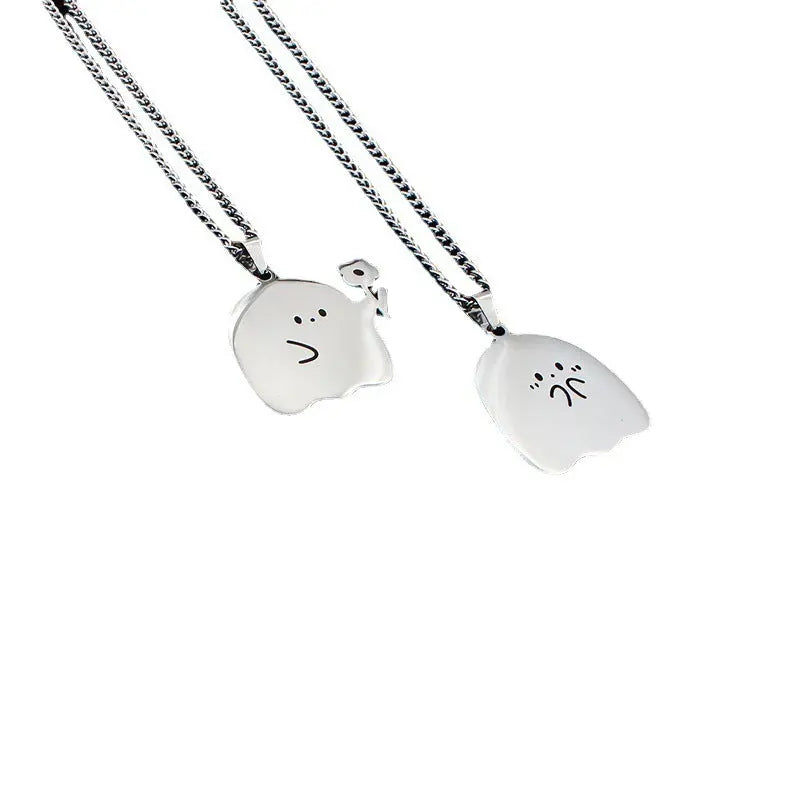 Collier de couple fantôme mignon en acier inoxydable Pendentif chat animal Kawaii Cadeaux de bijoux d'amitié pour amoureux