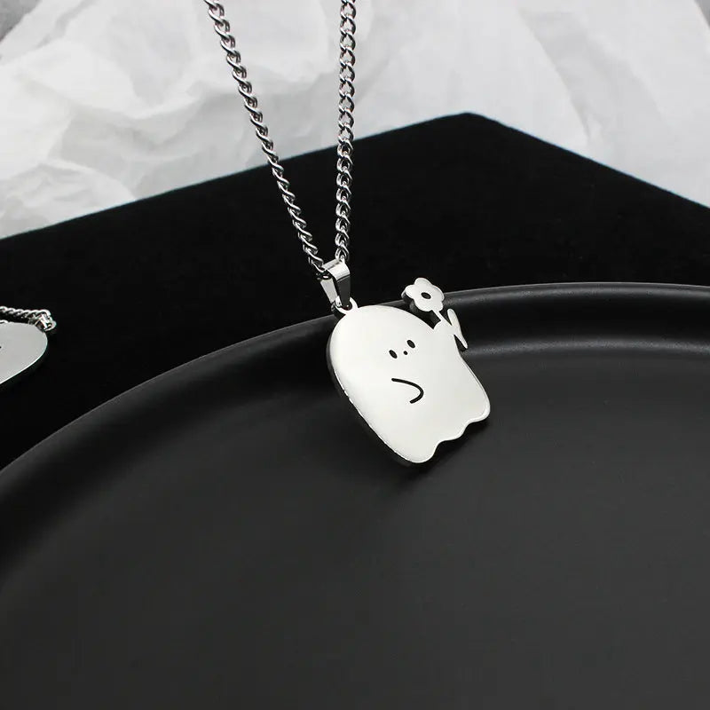Collier de couple fantôme mignon en acier inoxydable Pendentif chat animal Kawaii Cadeaux de bijoux d'amitié pour amoureux