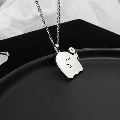 Collier de couple fantôme mignon en acier inoxydable Pendentif chat animal Kawaii Cadeaux de bijoux d'amitié pour amoureux