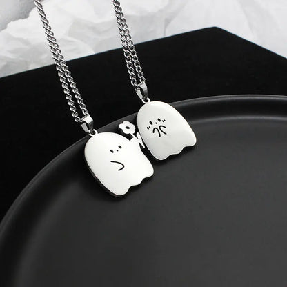 Collier de couple fantôme mignon en acier inoxydable Pendentif chat animal Kawaii Cadeaux de bijoux d'amitié pour amoureux