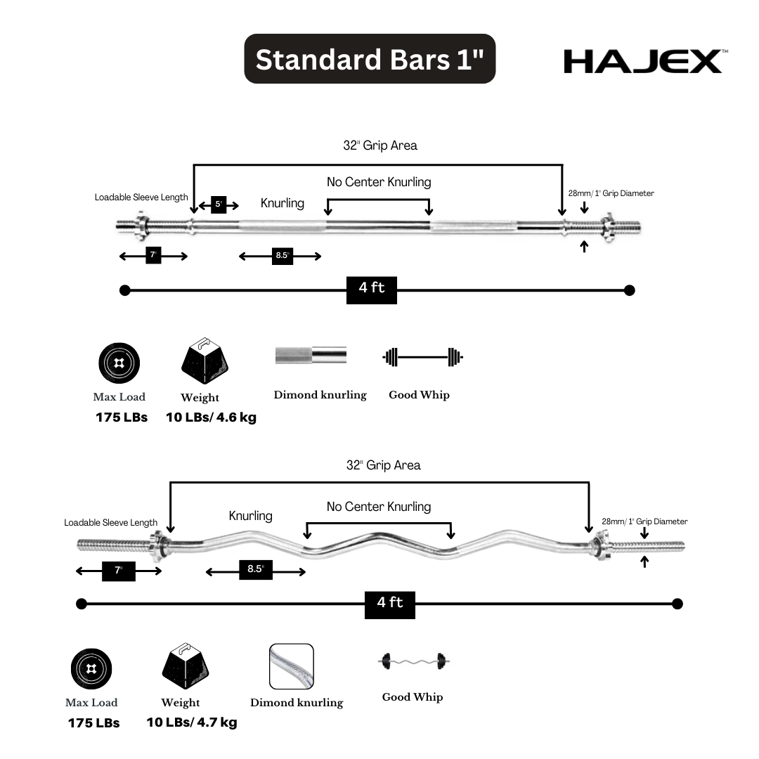 Barres d'haltères olympiques et standard HAJEX 4 pieds, 5 pieds, 6 pieds et 7 pieds