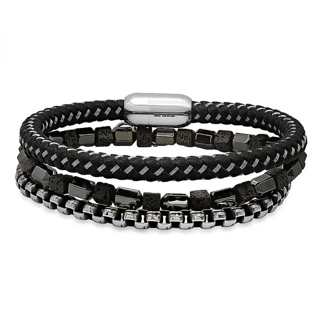 Bracelets pour hommes SteelTime en cuir noir et acier inoxydable avec hématite et pierre de lave