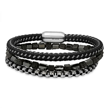 Bracelets pour hommes SteelTime en cuir noir et acier inoxydable avec hématite et pierre de lave