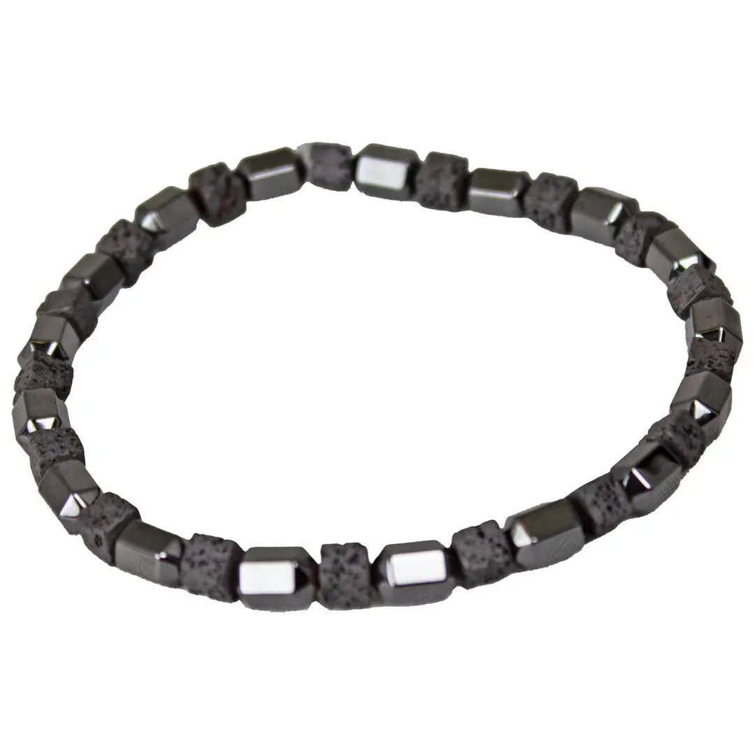 Bracelets pour hommes SteelTime en cuir noir et acier inoxydable avec hématite et pierre de lave