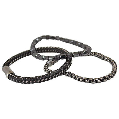 Bracelets pour hommes SteelTime en cuir noir et acier inoxydable avec hématite et pierre de lave