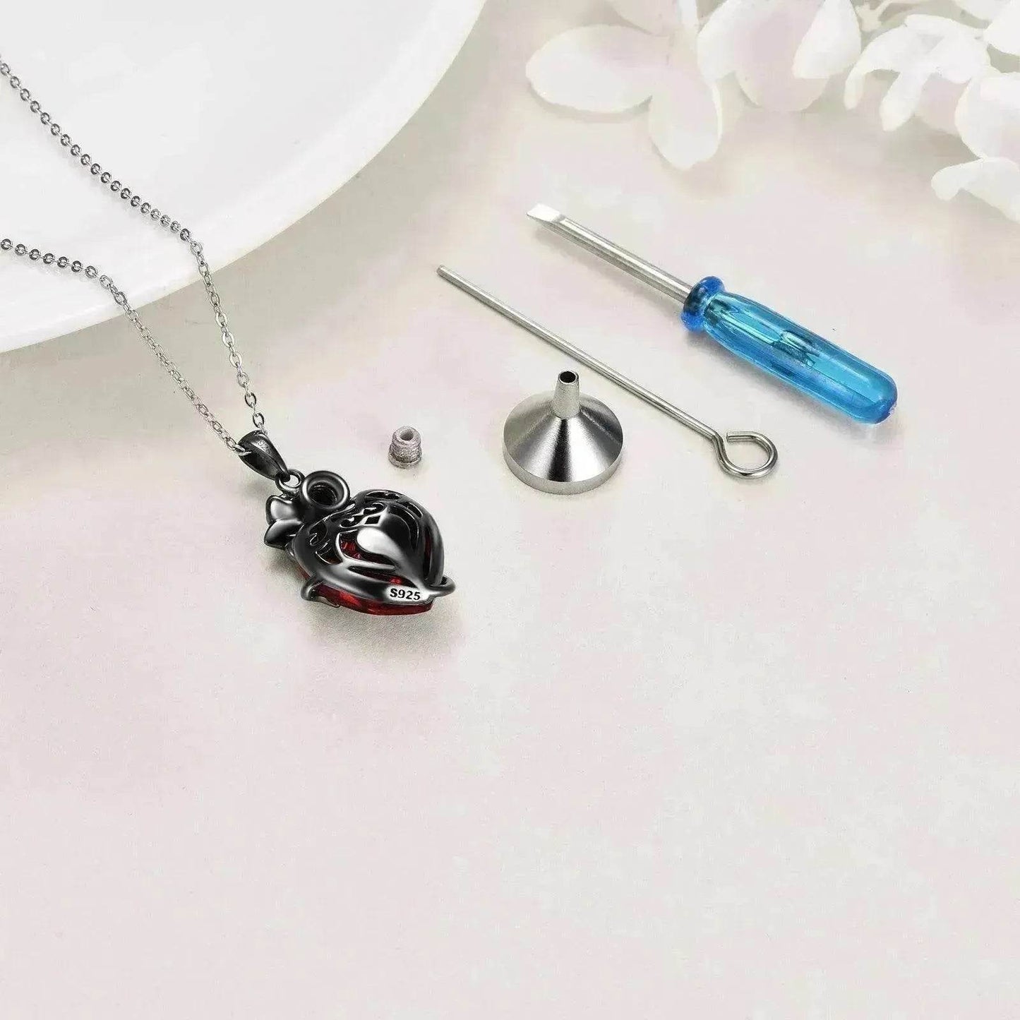 Sterling 925 Silver Heart Rose Urn Necklace for Ashes Cremation Jewelry