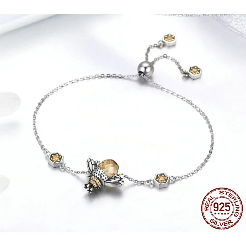 Sterling Silver Dancing Bee Charm Bracelet with CZ