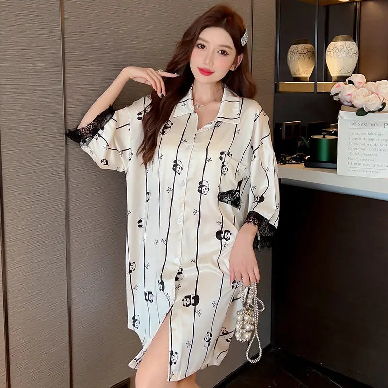 Robe Chemise Rayée Manches Courtes Grande Taille Pyjama Ample Pour Femmes