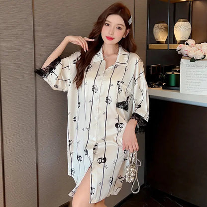 Robe Chemise Rayée Manches Courtes Grande Taille Pyjama Ample Pour Femmes