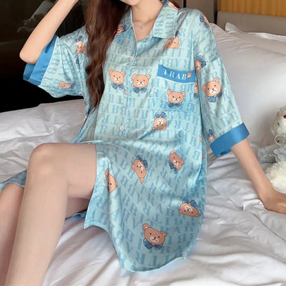 Robe Chemise Rayée Manches Courtes Grande Taille Pyjama Ample Pour Femmes