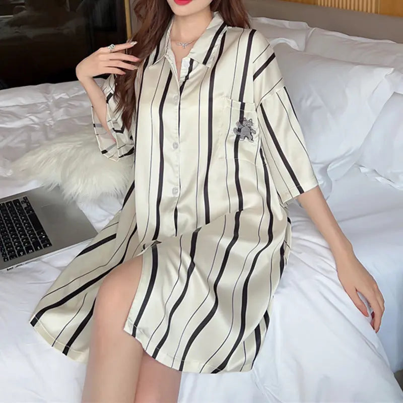 Robe Chemise Rayée Manches Courtes Grande Taille Pyjama Ample Pour Femmes