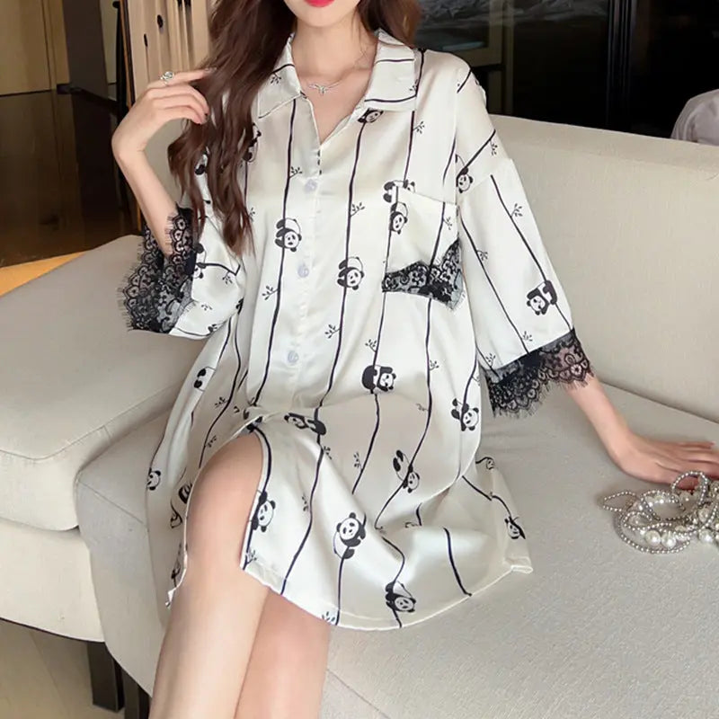 Robe Chemise Rayée Manches Courtes Grande Taille Pyjama Ample Pour Femmes