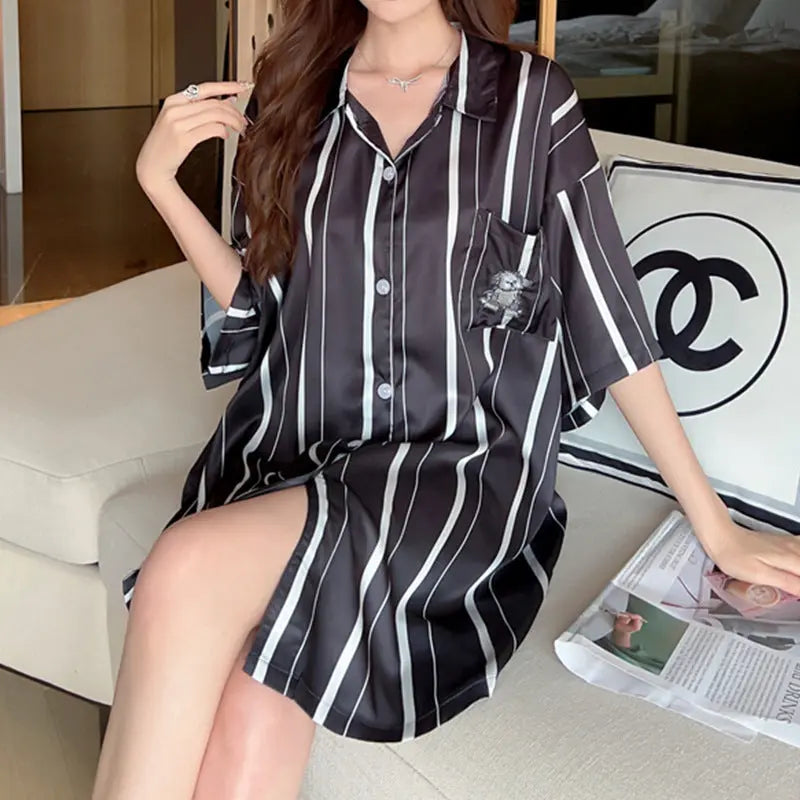 Robe Chemise Rayée Manches Courtes Grande Taille Pyjama Ample Pour Femmes