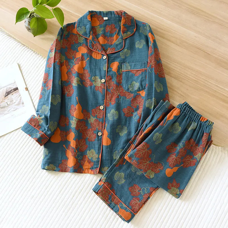 Thin Cotton Gauze Yarn-dyed Jacquard Pajamas Suit For Women