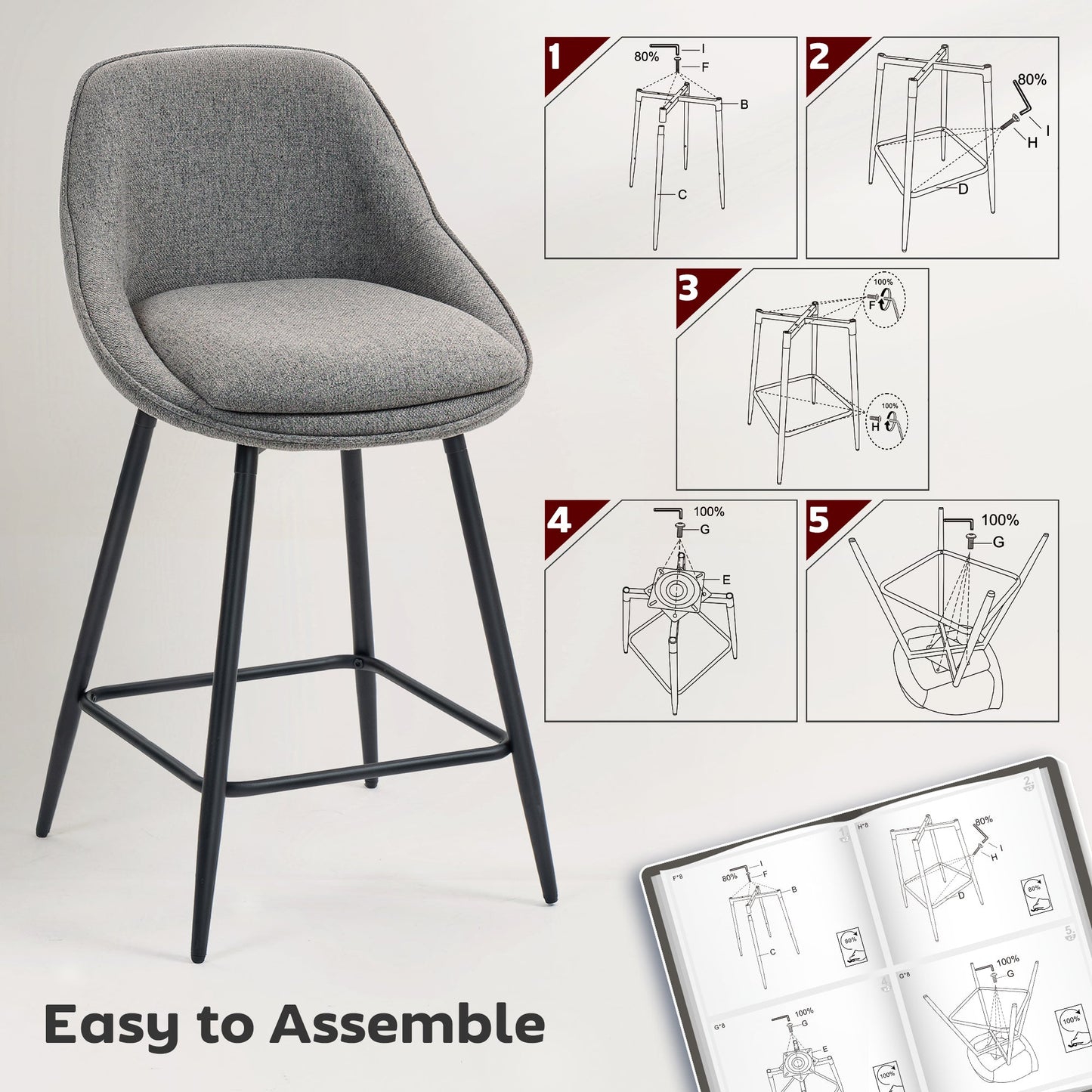 Reece 26" Counter Height Stools with Swivel and Backrest-Set of 2-Dark Grey
