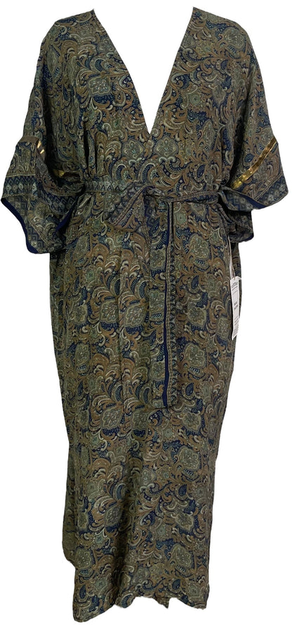 PRC6833 Avatar Long Pure Silk Kimono Sleeved Duster with Belt