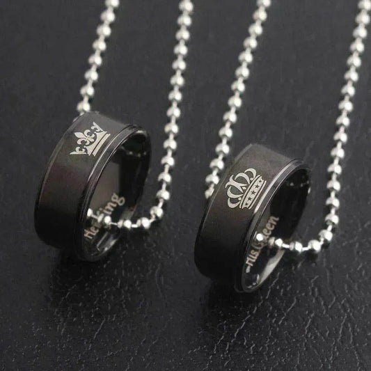 Valentine's Day Simple Crown Her King His Queen Couple Ring Pendant Necklace