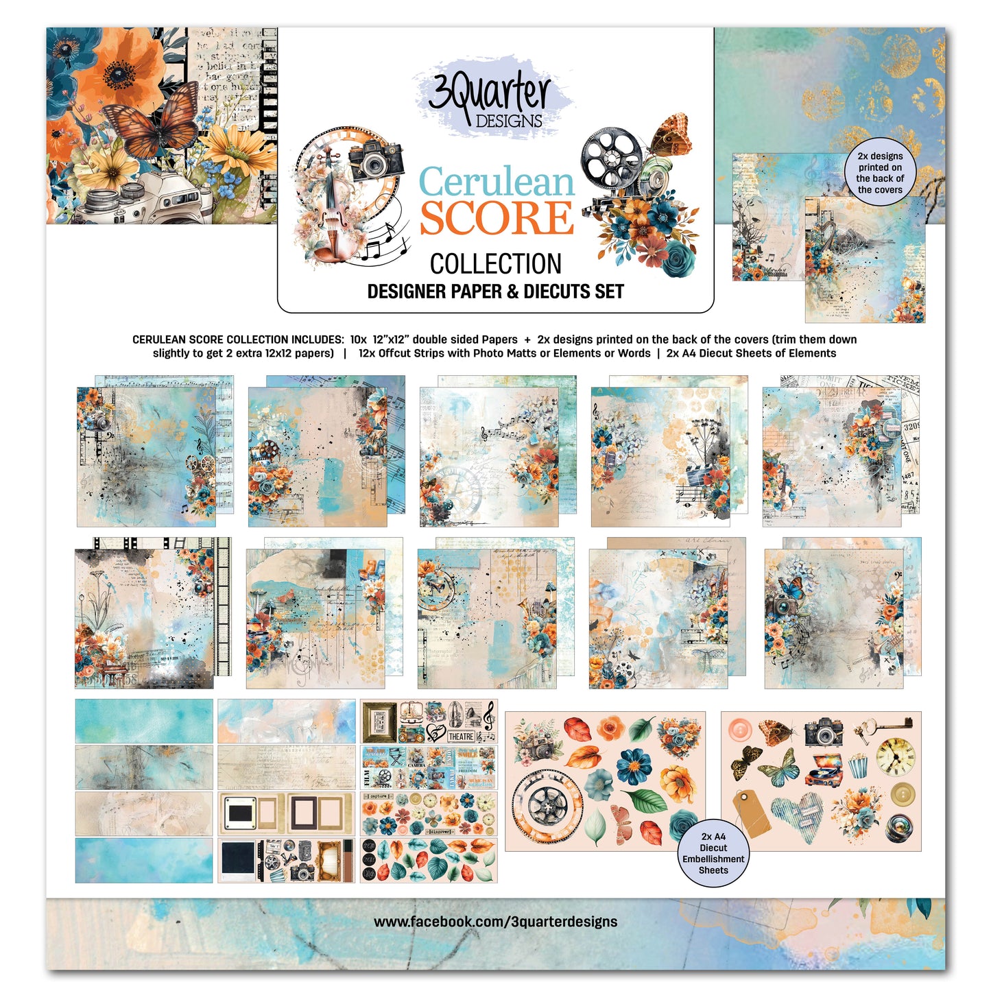 3Quarter Designs Cerulean Score 12x12 Design Paper & Diecuts Set