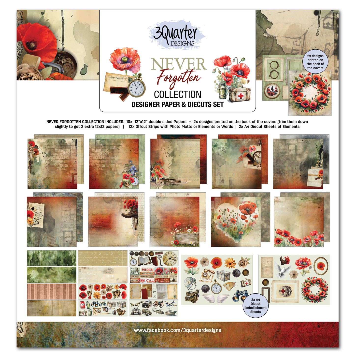 3Quarter Designs Never Forgotten 12x12 Design Paper & Diecuts Set