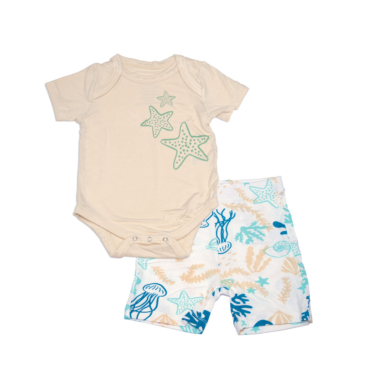 Ensemble body à manches courtes et short en bambou (sable doux/imprimé récif)