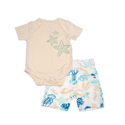Ensemble body à manches courtes et short en bambou (sable doux/imprimé récif)