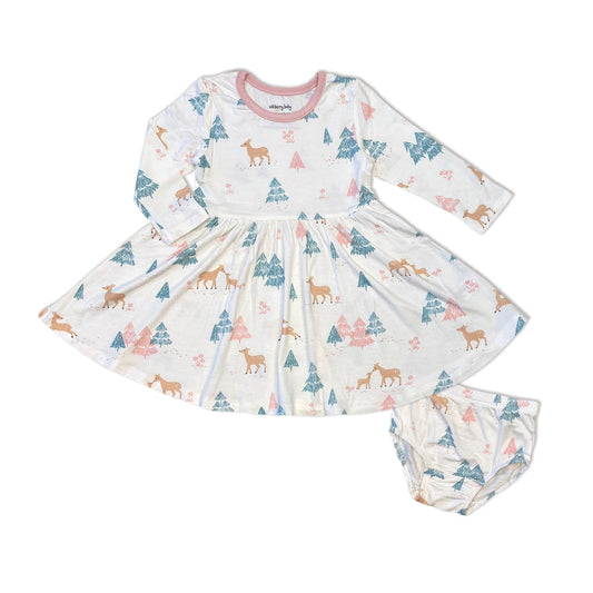 Robe évasée à manches longues en jersey de bambou avec bloomer (imprimé Cerf dans la forêt)