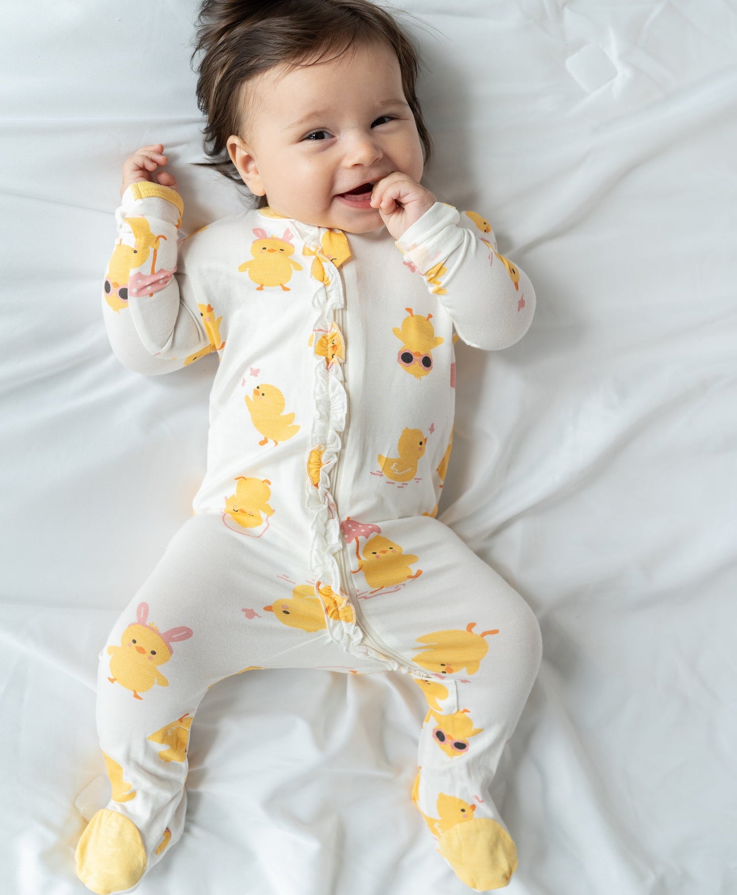 Bamboo Ruffle Footies with Two Way Zipper (Little Chick Print)