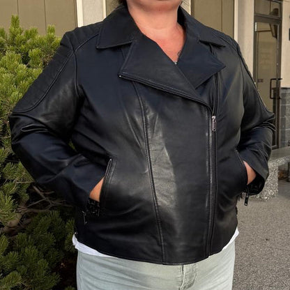 Women's Lamb Leather Biker Jacket with Quilted Ribbed Shoulders