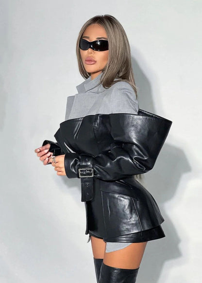 Contrast Mixed-Media Blazer with Oversized Buckle Sleeves