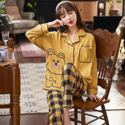 Women Pajamas – Cotton Cartoon Pajama Suit with Long Sleeves