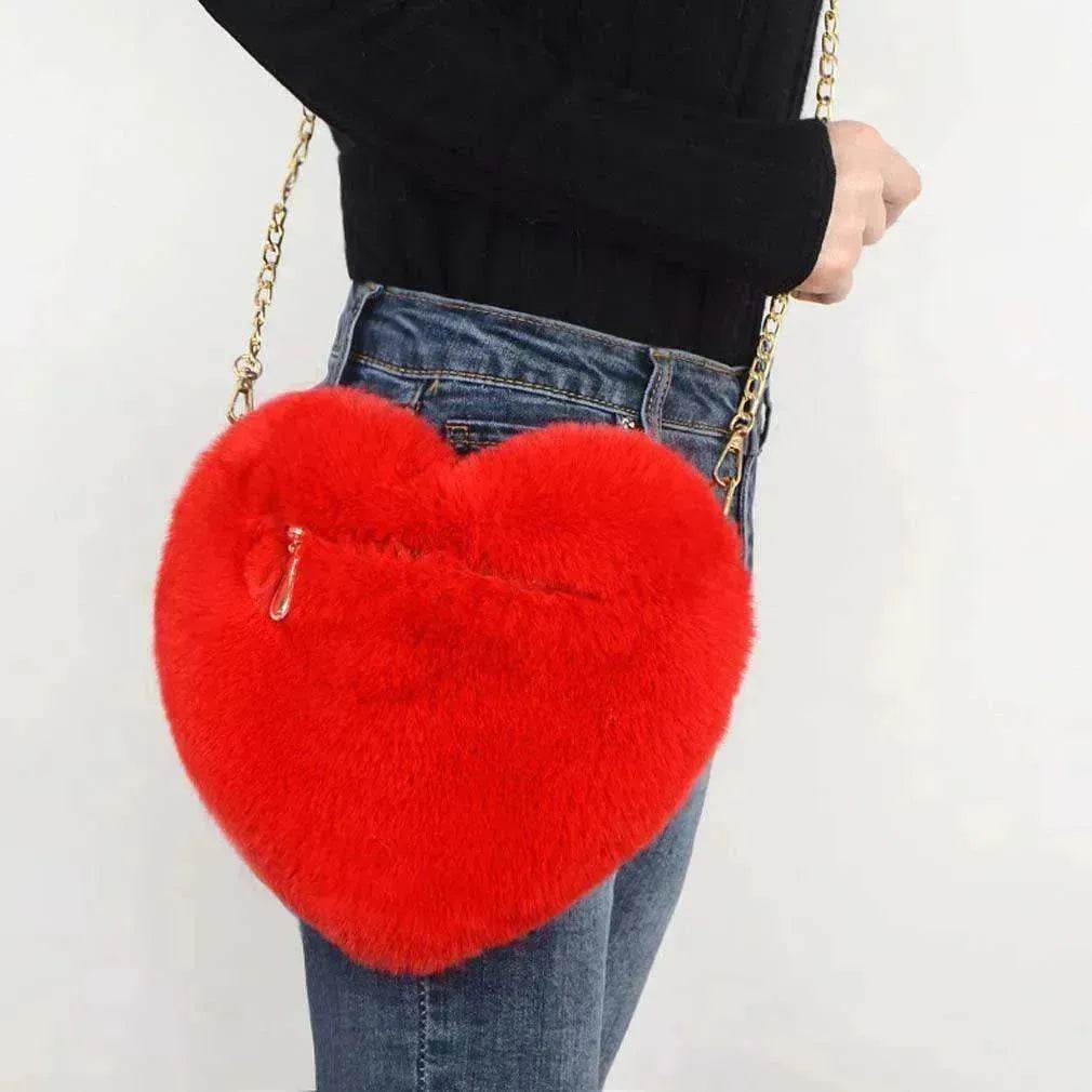 Women's Heart Shaped Plush Chain Shoulder & Hand Bag