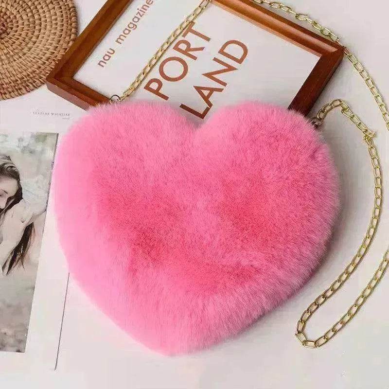 Women's Heart Shaped Plush Chain Shoulder & Hand Bag