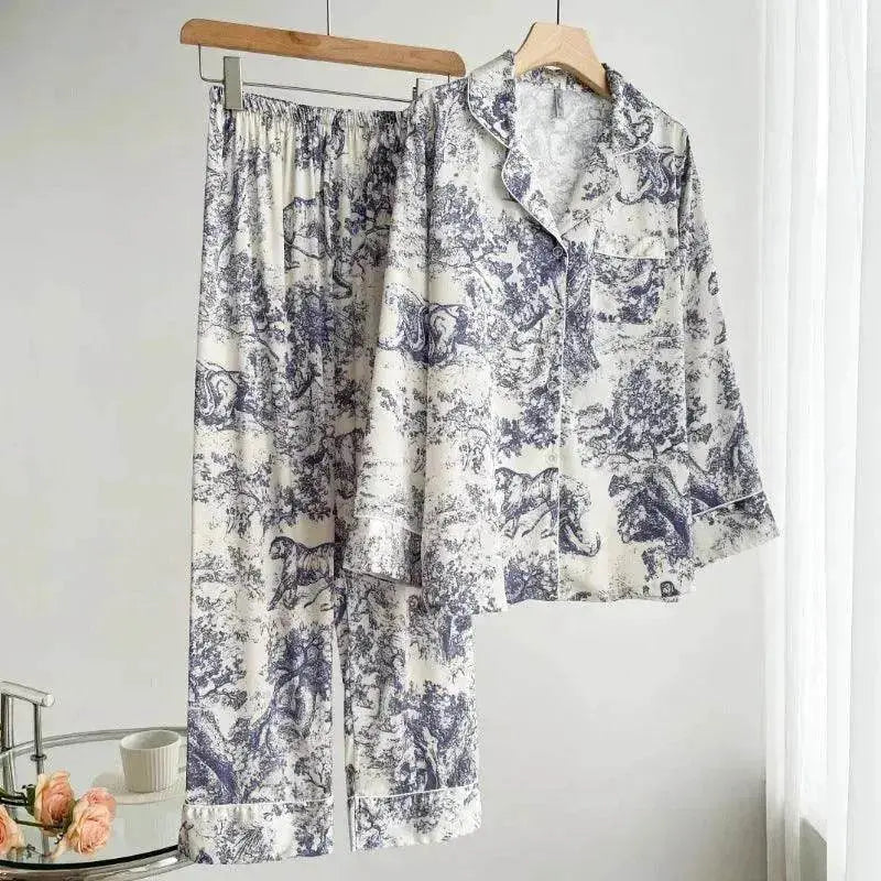 Women's Ice Silk Pajamas with New Ink Print Design: Long-Sleeved Homewear