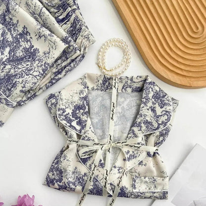 Women's Ice Silk Pajamas with New Ink Print Design: Long-Sleeved Homewear
