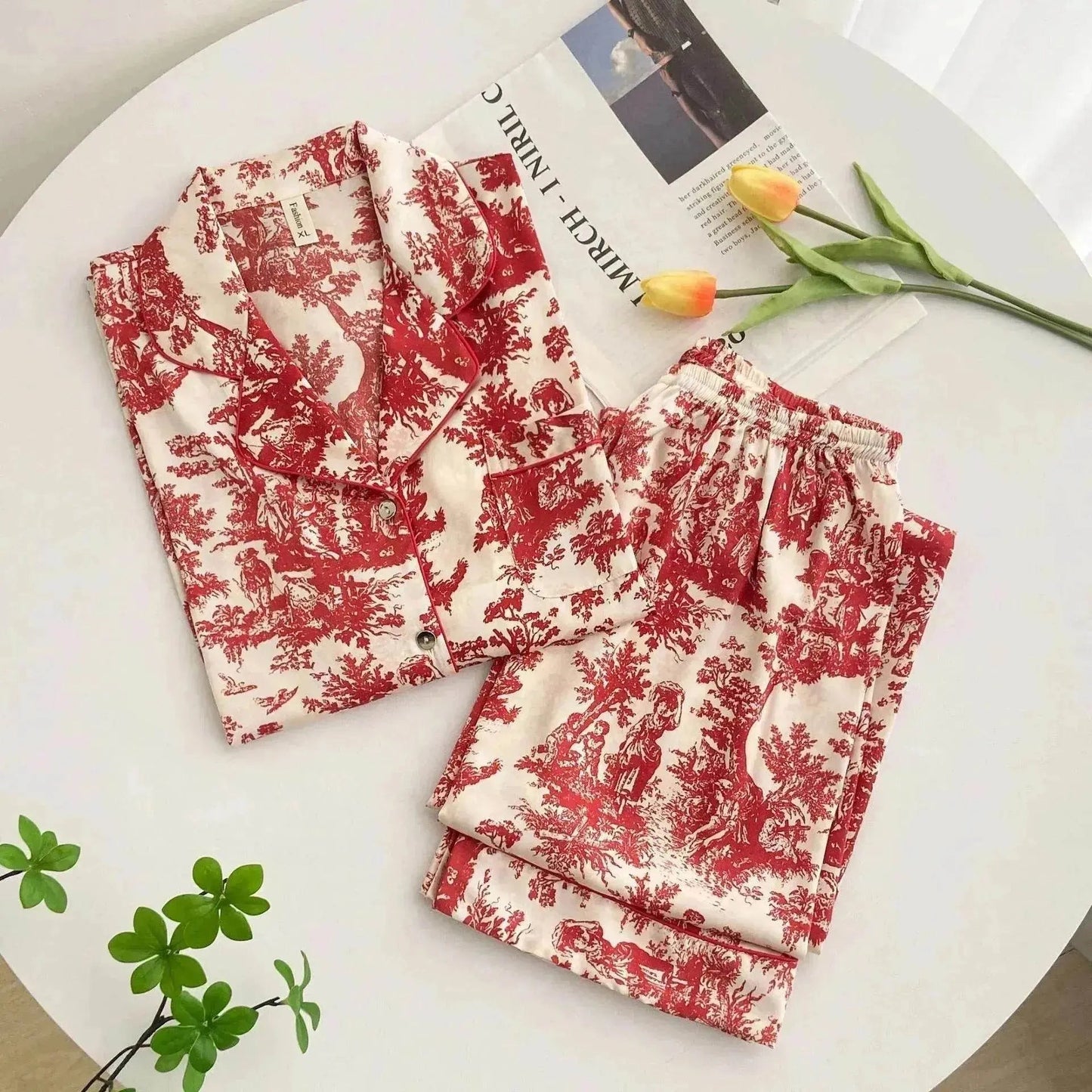 Women's Ice Silk Pajamas with New Ink Print Design: Long-Sleeved Homewear
