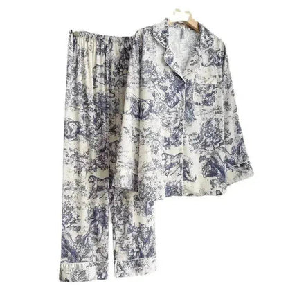 Women's Ice Silk Pajamas with New Ink Print Design: Long-Sleeved Homewear
