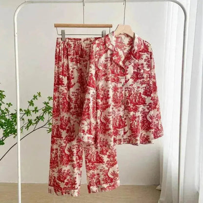 Women's Ice Silk Pajamas with New Ink Print Design: Long-Sleeved Homewear
