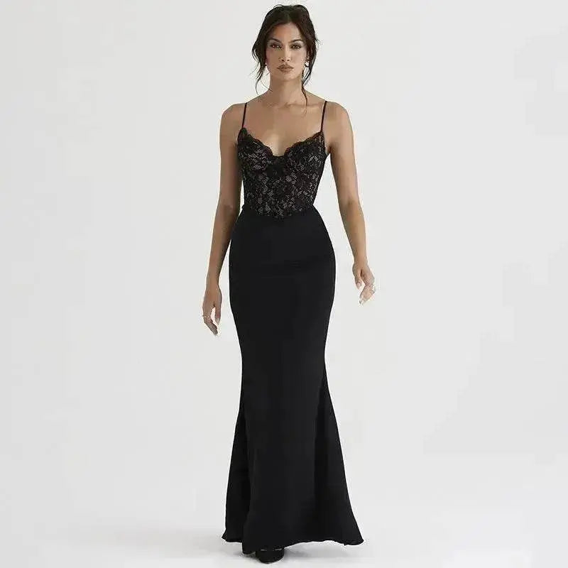 Robe fourreau jacquard dentelle patchwork avec col en V, buste nu et bretelles pour femmes