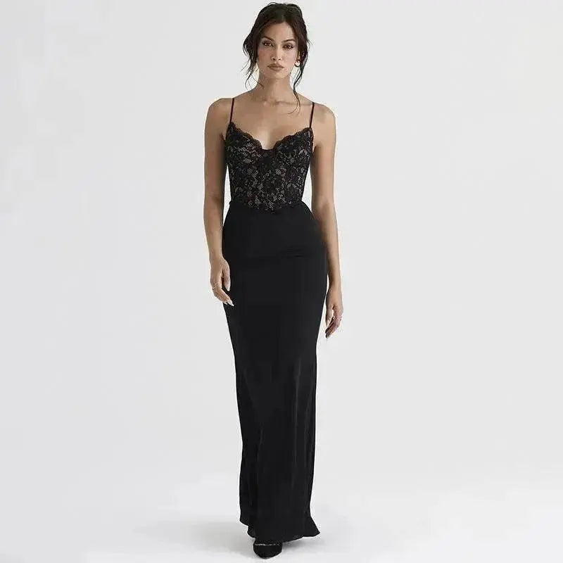 Robe fourreau jacquard dentelle patchwork avec col en V, buste nu et bretelles pour femmes