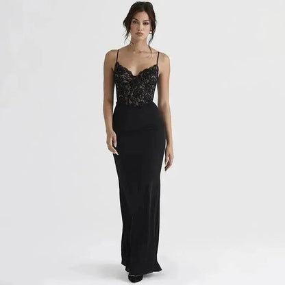 Robe fourreau jacquard dentelle patchwork avec col en V, buste nu et bretelles pour femmes