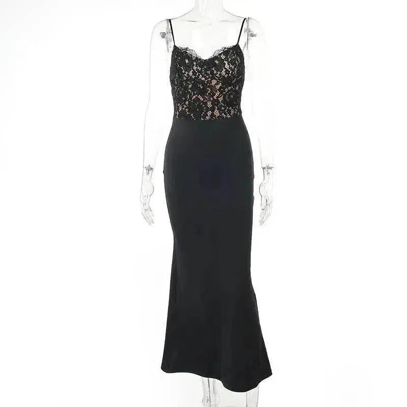 Robe fourreau jacquard dentelle patchwork avec col en V, buste nu et bretelles pour femmes