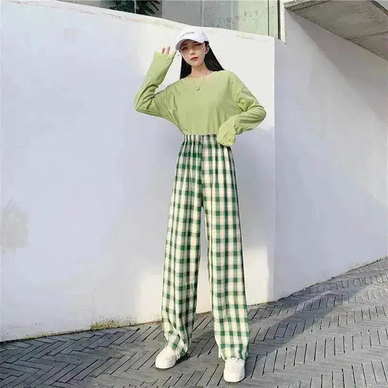 Women's Plaid Wide Leg Casual Pants