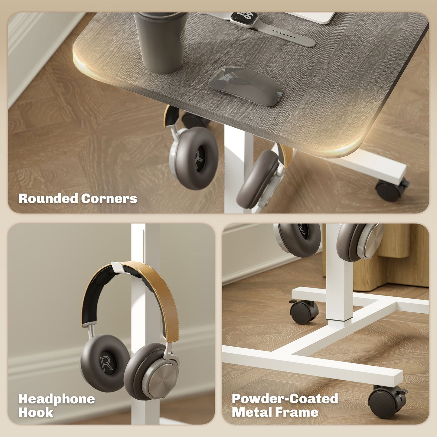 Eden Height Adjustable Standing Desk with Wheels and Headphone Hook-Grey