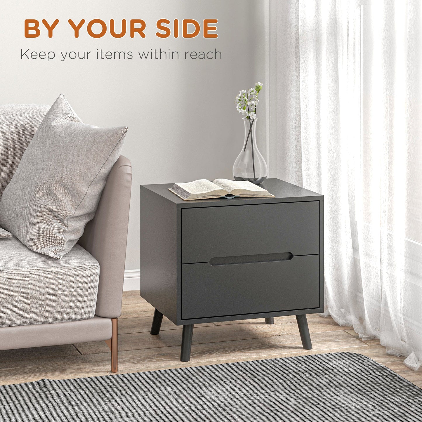 Willow Modern Nightstand/End Table with 2 Drawers-Black