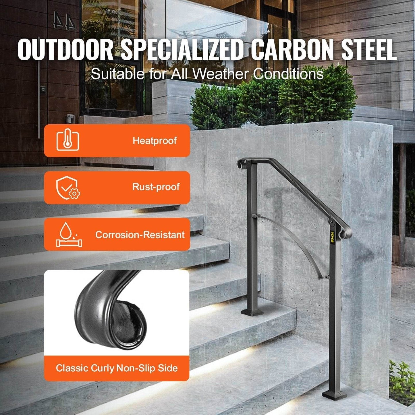 Handrails For Outdoor Steps, Fit 2 Or 3 Steps Outdoor Stair Railing, Arch 2 Wrought Iron Handrail, Flexible Porch Railing, Black Transitional Handrails For Concrete Steps Or Wooden Stairs